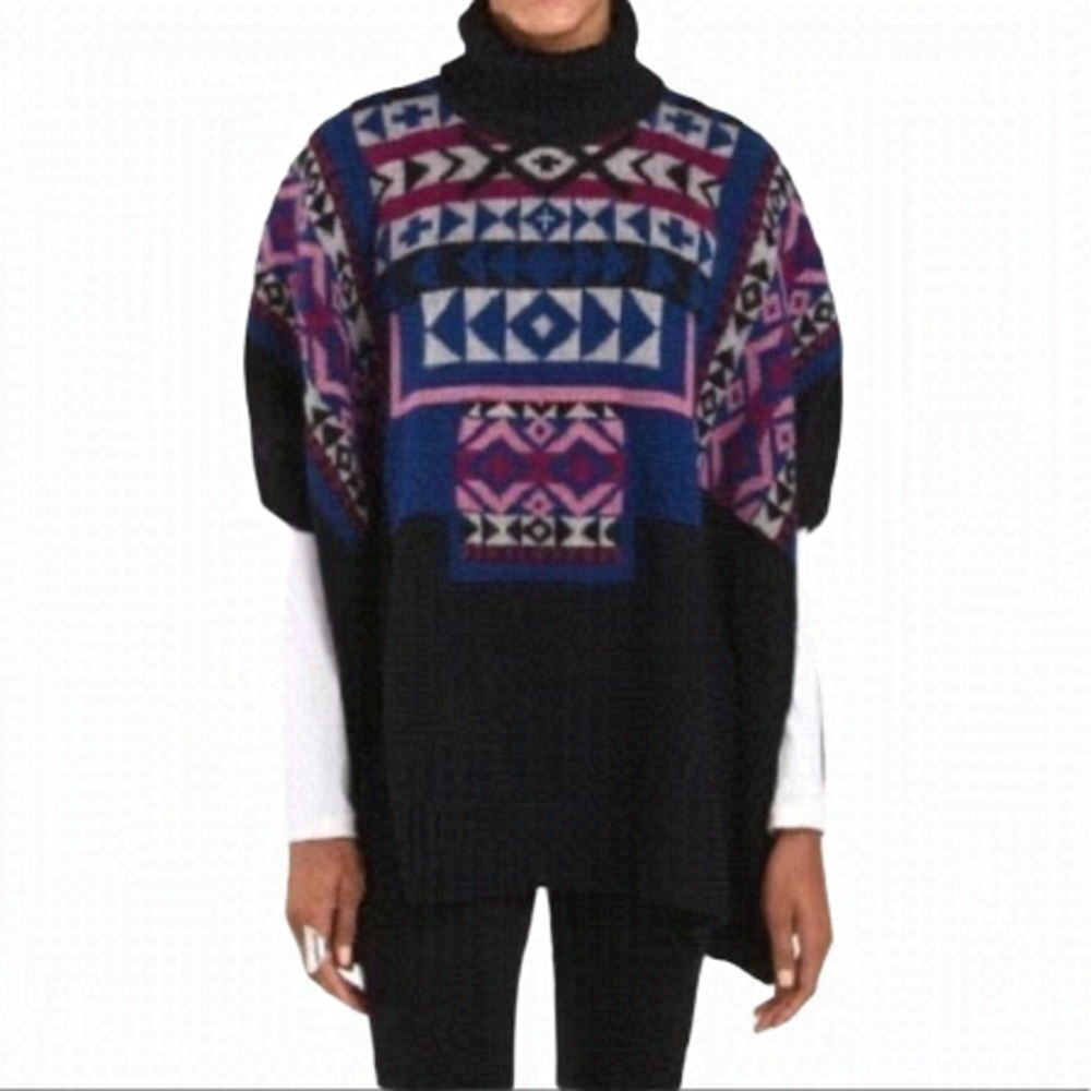 CYNTHIA Rowley Alfani Aztec Wool Blend Turtleneck Poncho Size XL